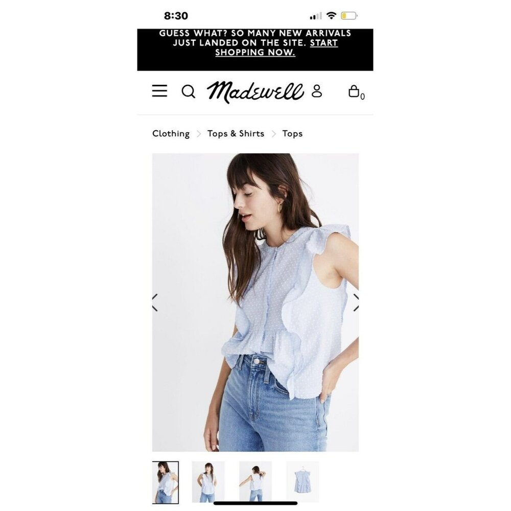 Madewell swiss dotted ruffle top - size small - blue/white